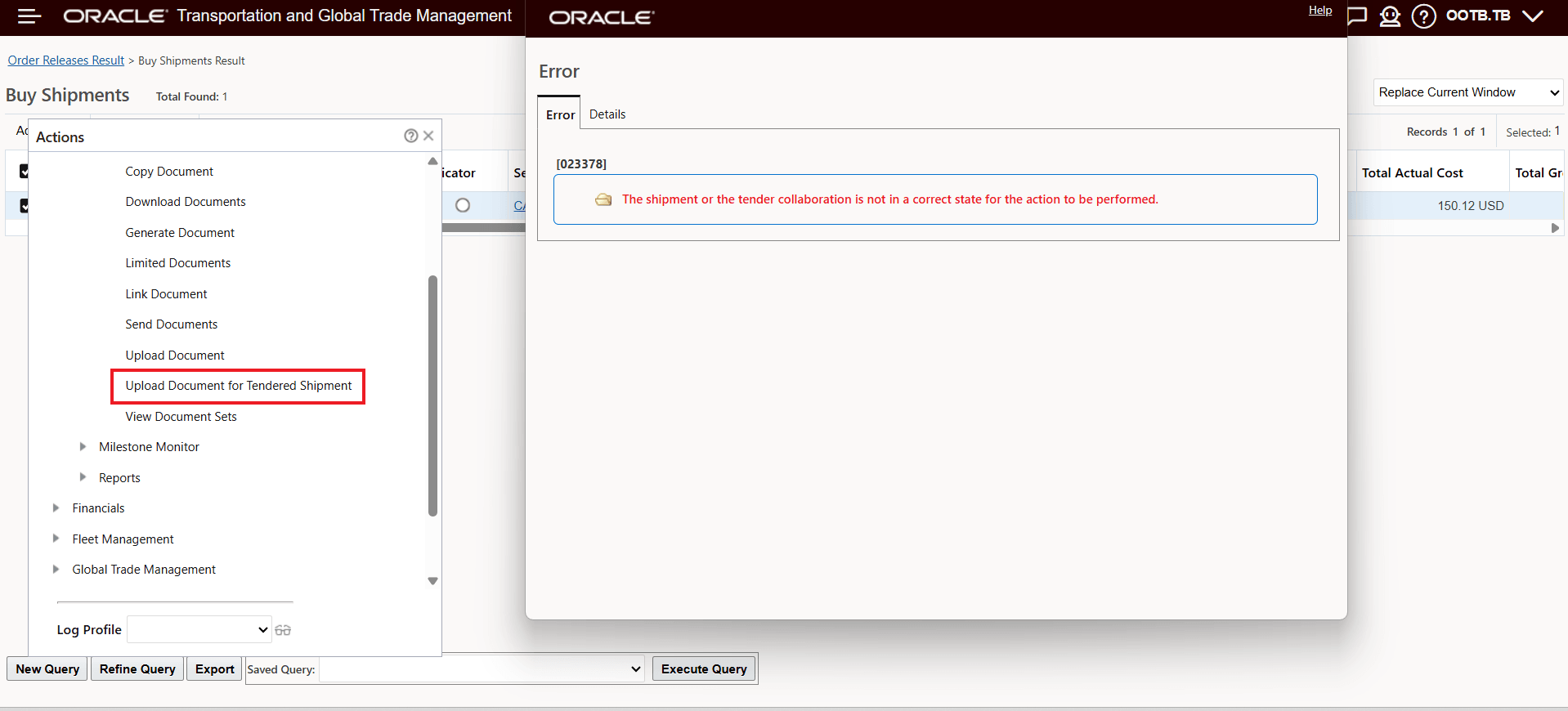 Upload Document for Tendered Shipment - Error Message