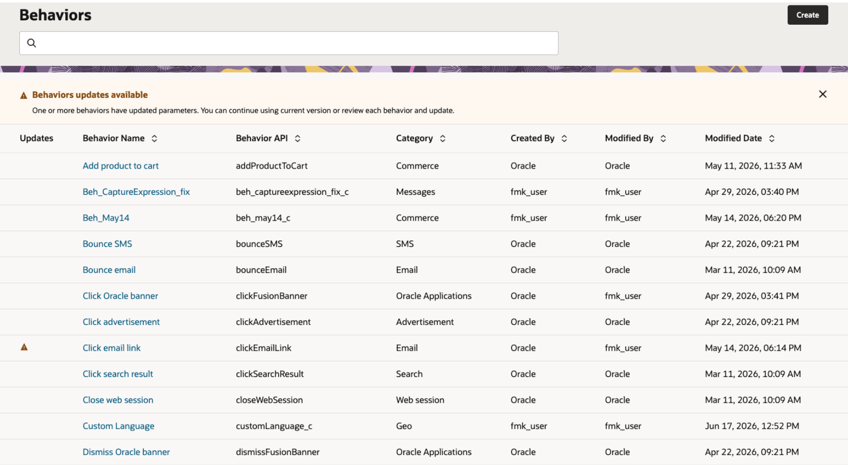 Behaviors list with update banner and stale behavior indicator