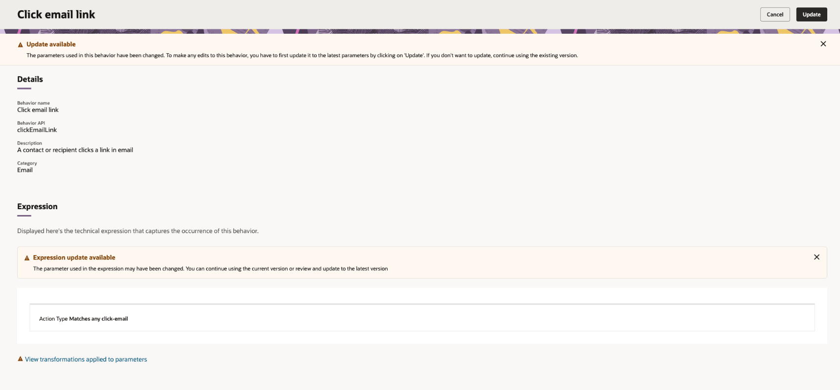 Behavior detail page with stale parameter and expression update indicators