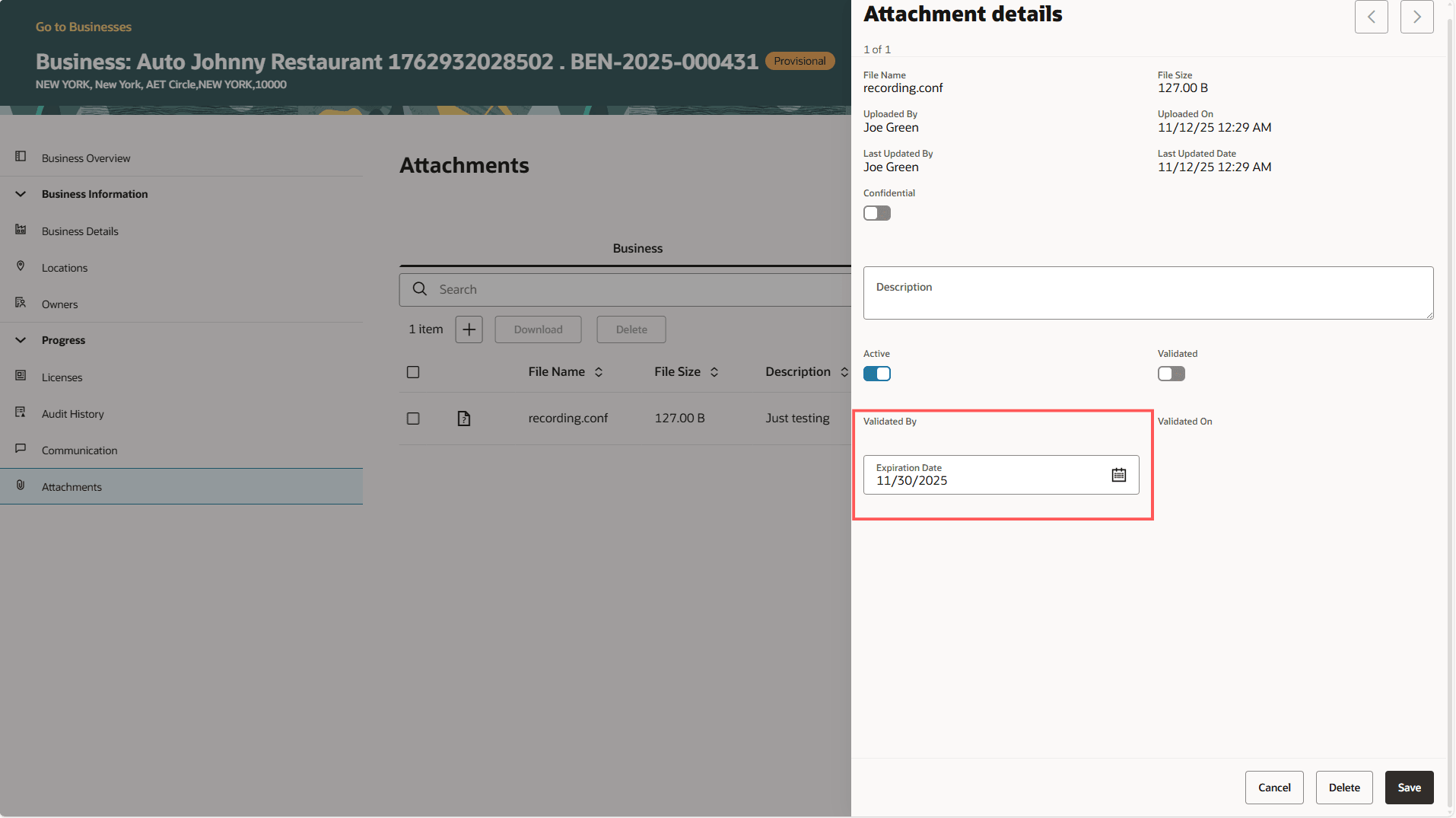 Business License Attachments Page