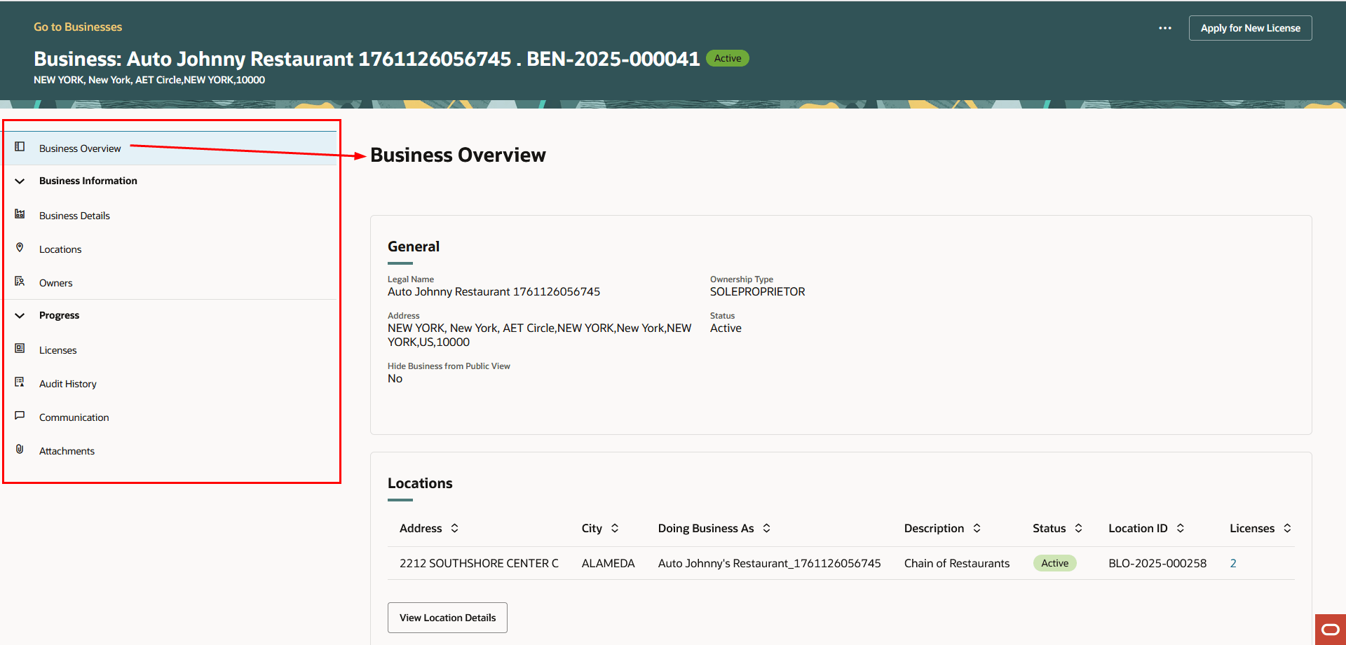 Business Overview Page in the Detail Pages for a Business