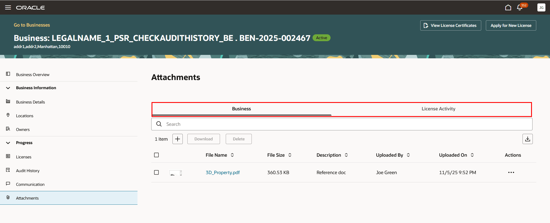 Attachments Page in the Detail Pages for a Business