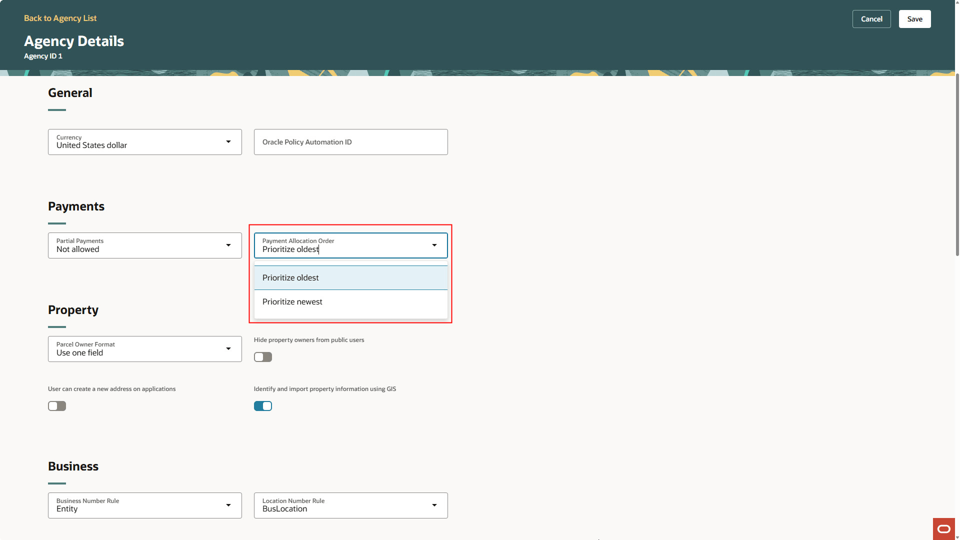 Agency Details Page - Payment Allocation Order