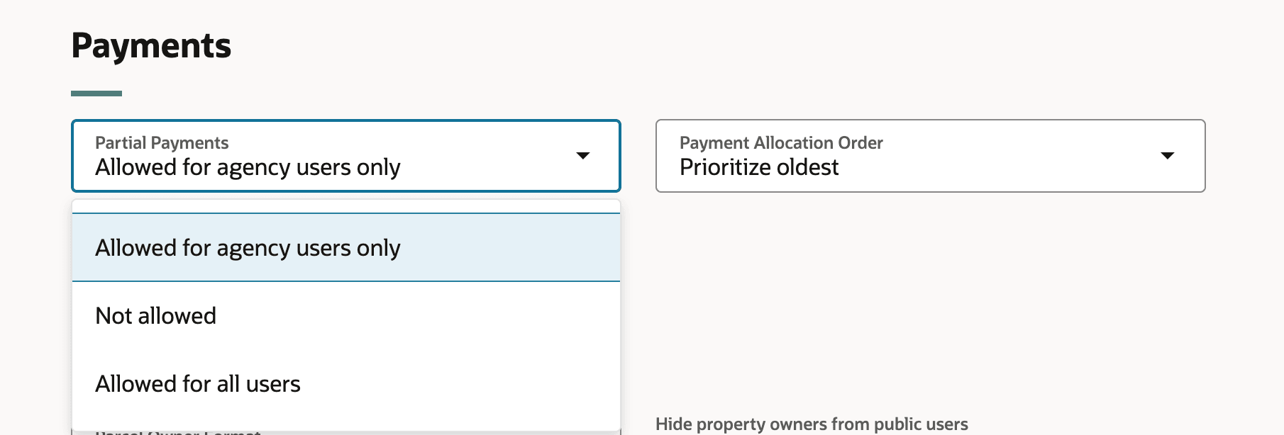 Payments section, Partial payment drop down