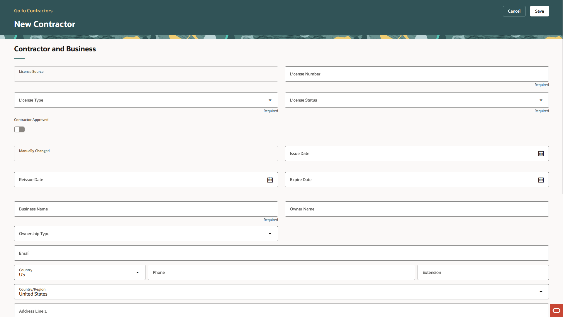 Add Contractor Page in Contractor Management