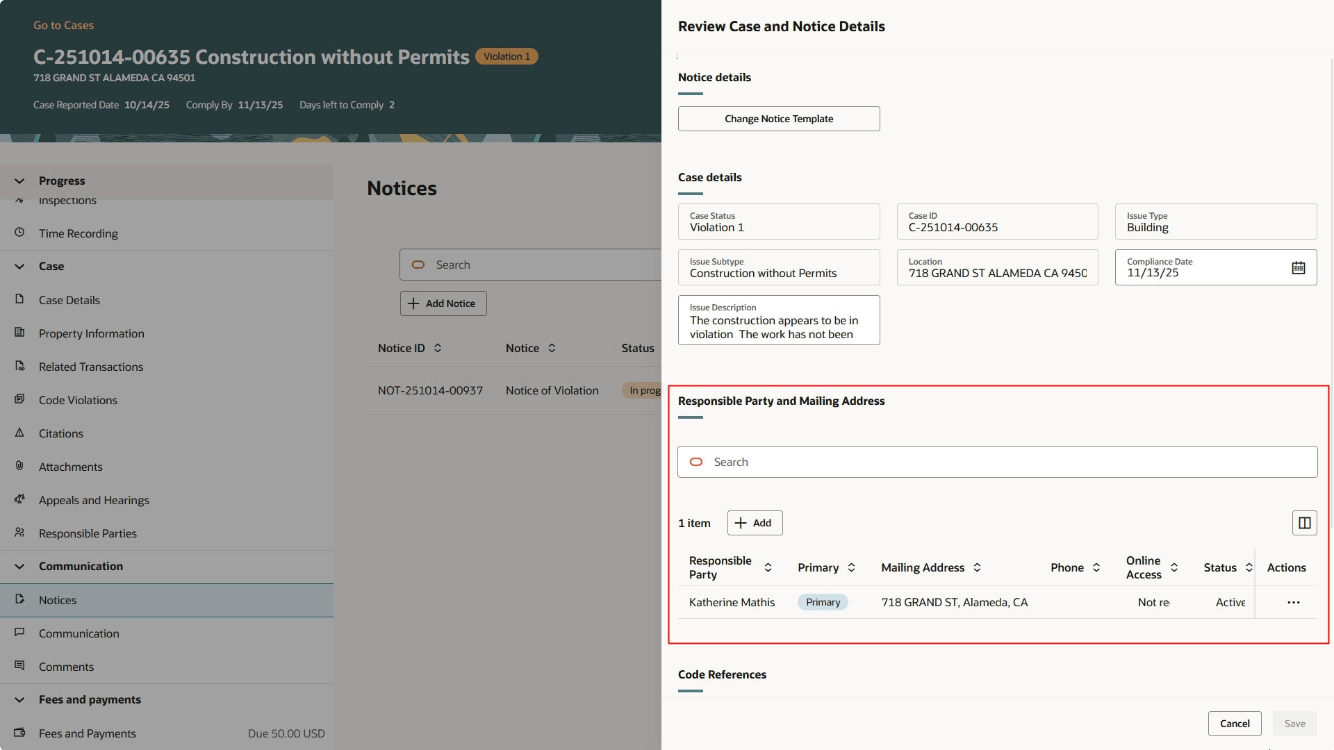 Review Case and Notice Details Drawer
