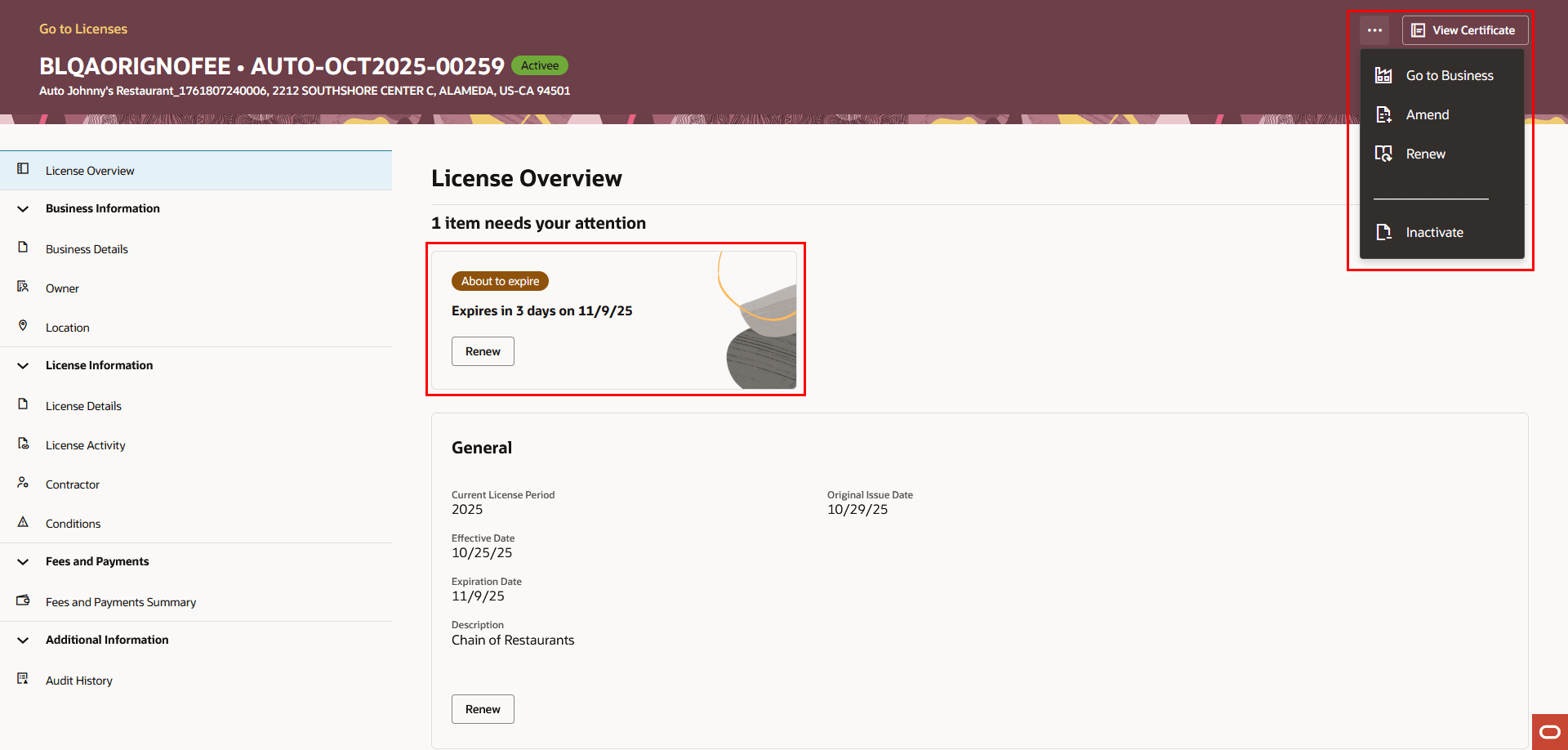 License Overview Page in the Detail Pages for a License, Displaying License Actions