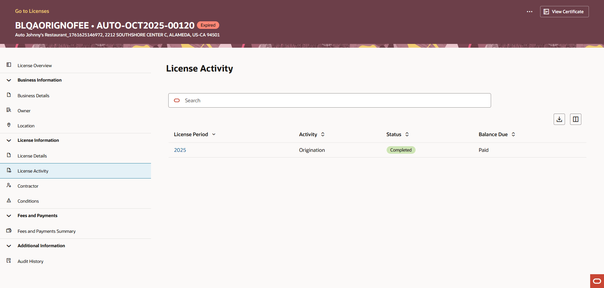 License Activity Page in the Detail Pages for a License
