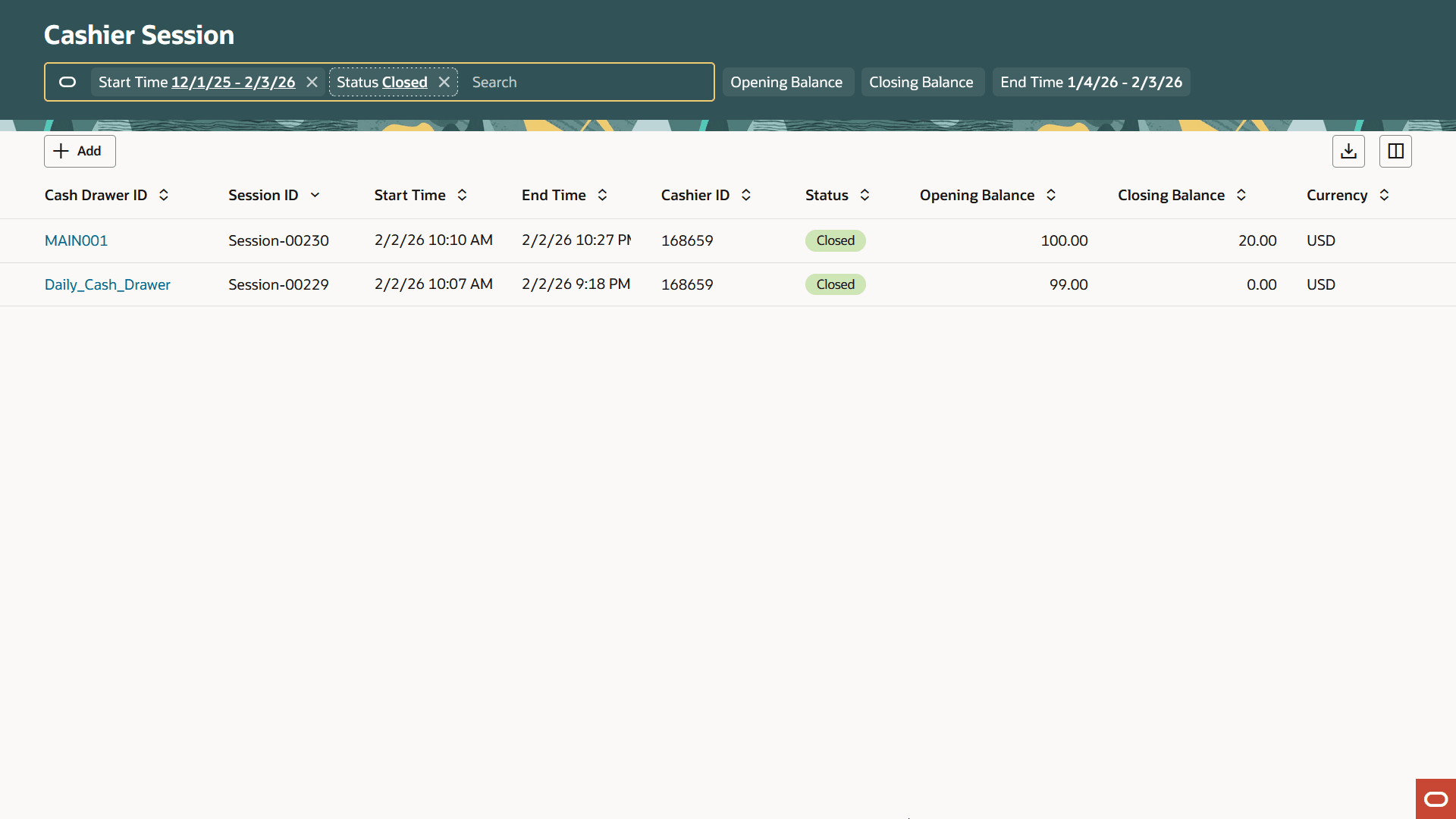 Cashier Session Page