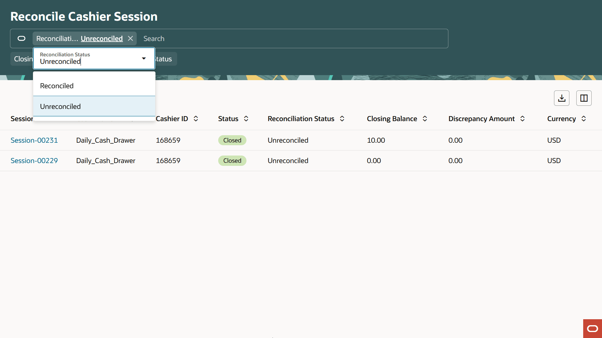 Reconcile Cashier Session Page