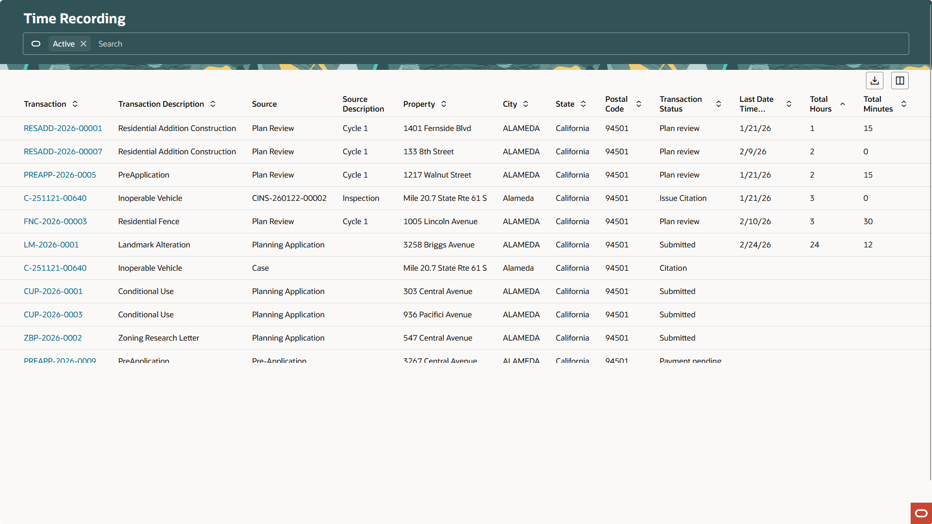 Time Recording Homepage