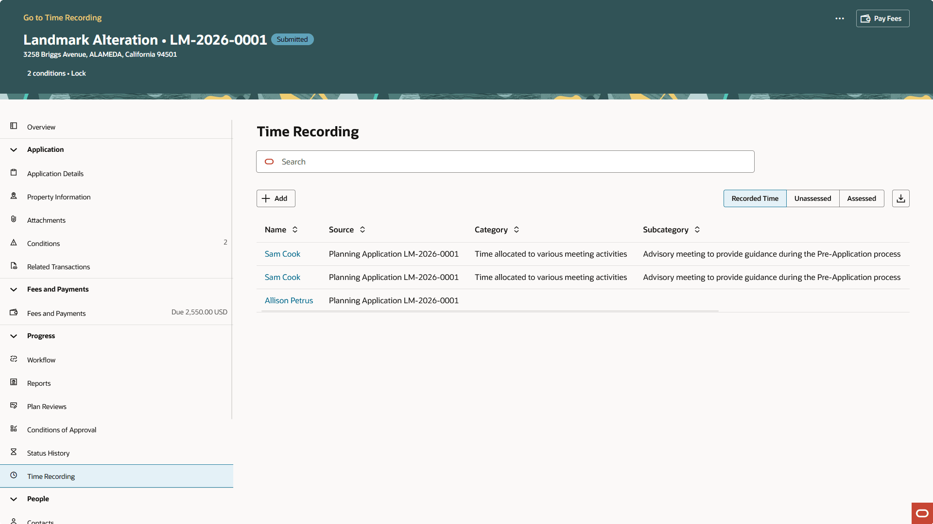 Planning Application - Time Recording Page