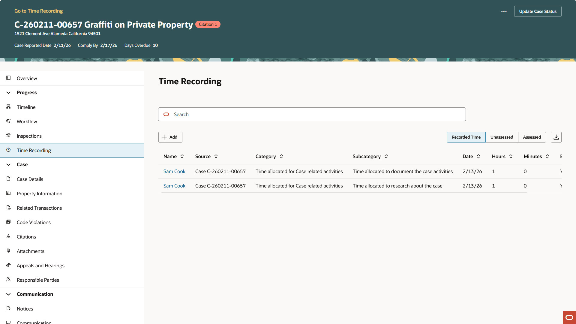 Code Enforcement Case - Time Recording Page