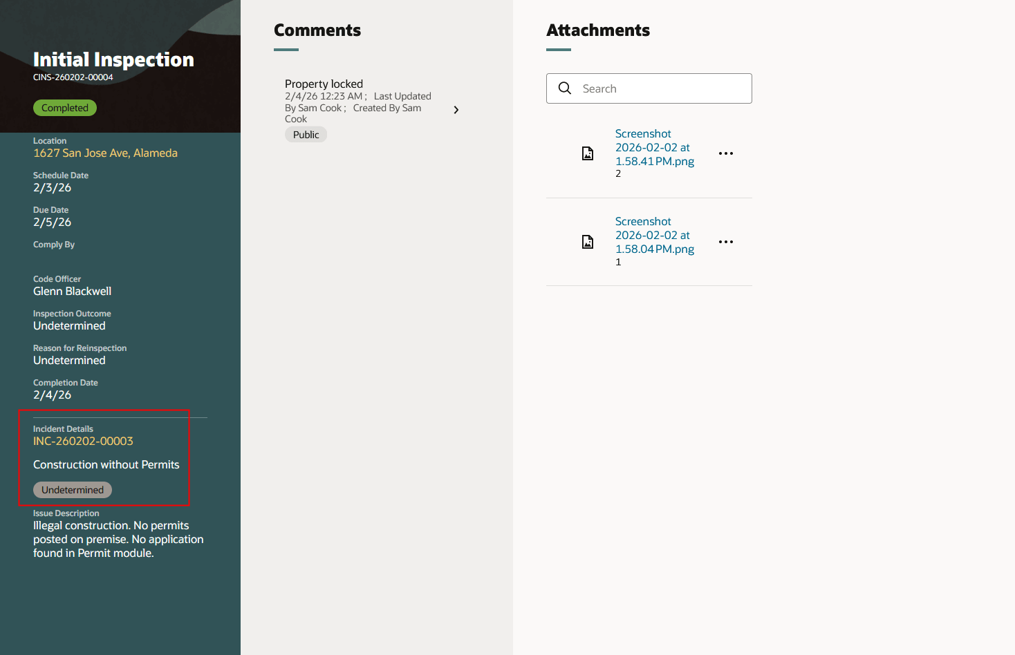 Initial Inspection Page for an Incident Displaying the Inspection Status as Undetermined