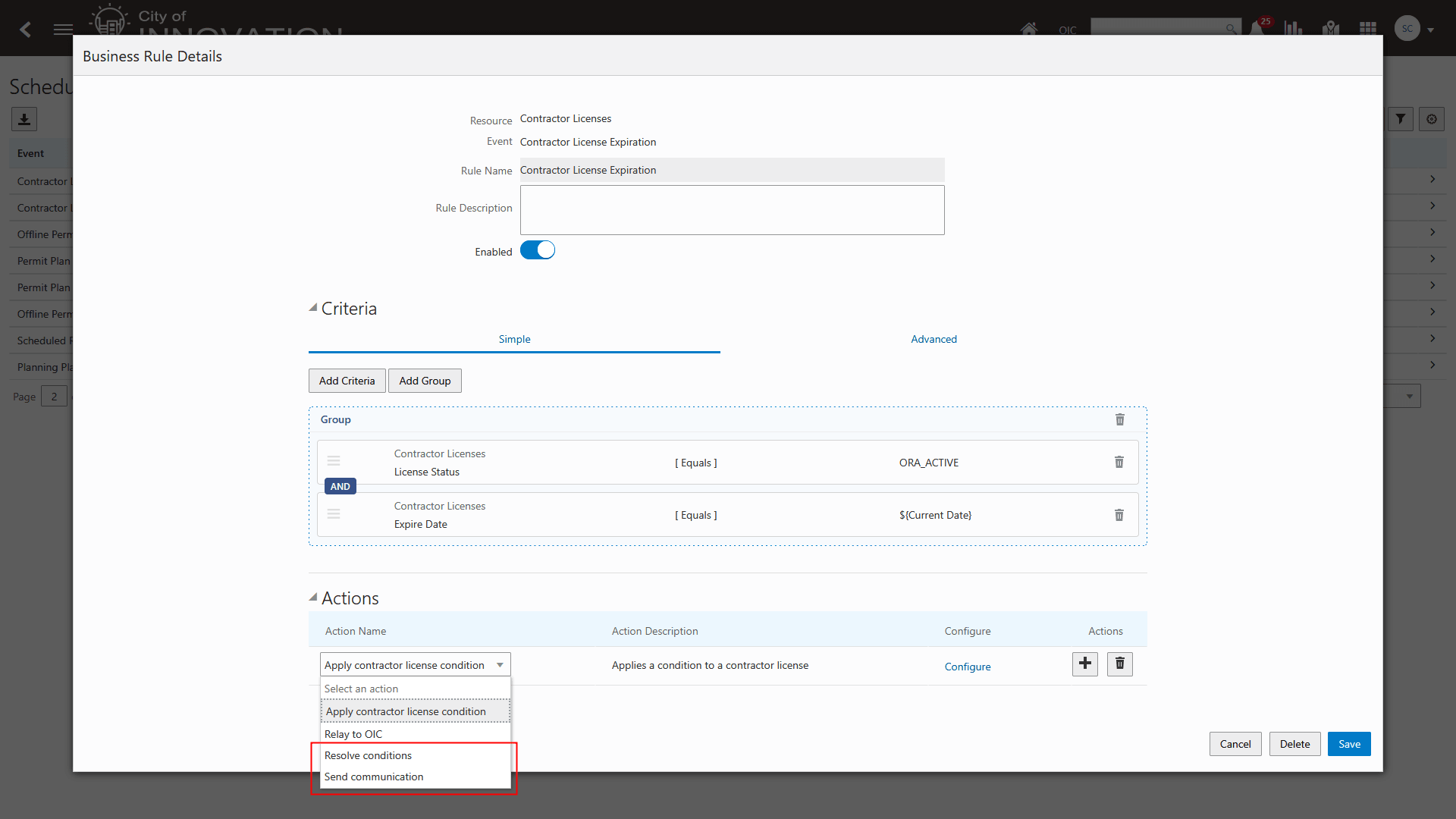 Business Rule Details Setup Page with New Actions for Contractor License Rules