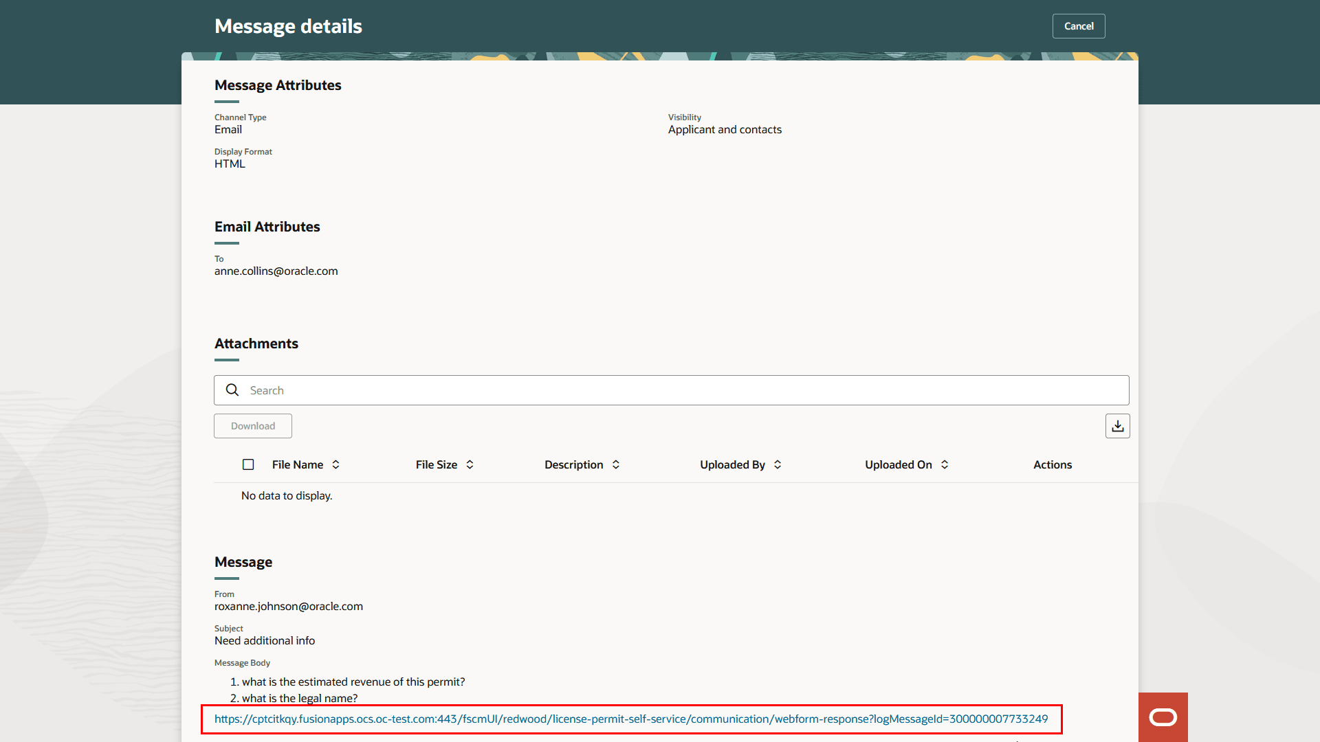 Web Form Message details 