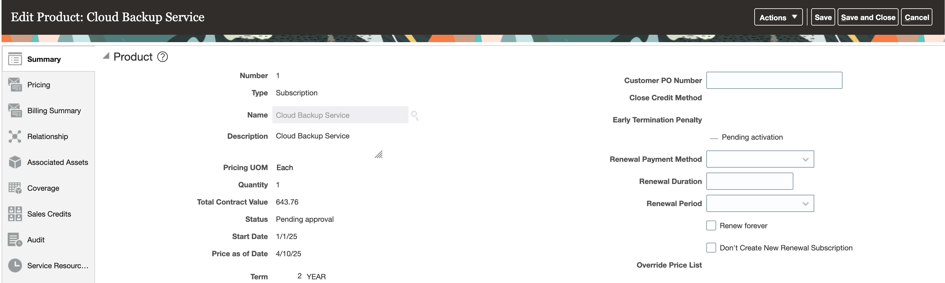 Option to renew product lines in the current subscription in Product Line Summary