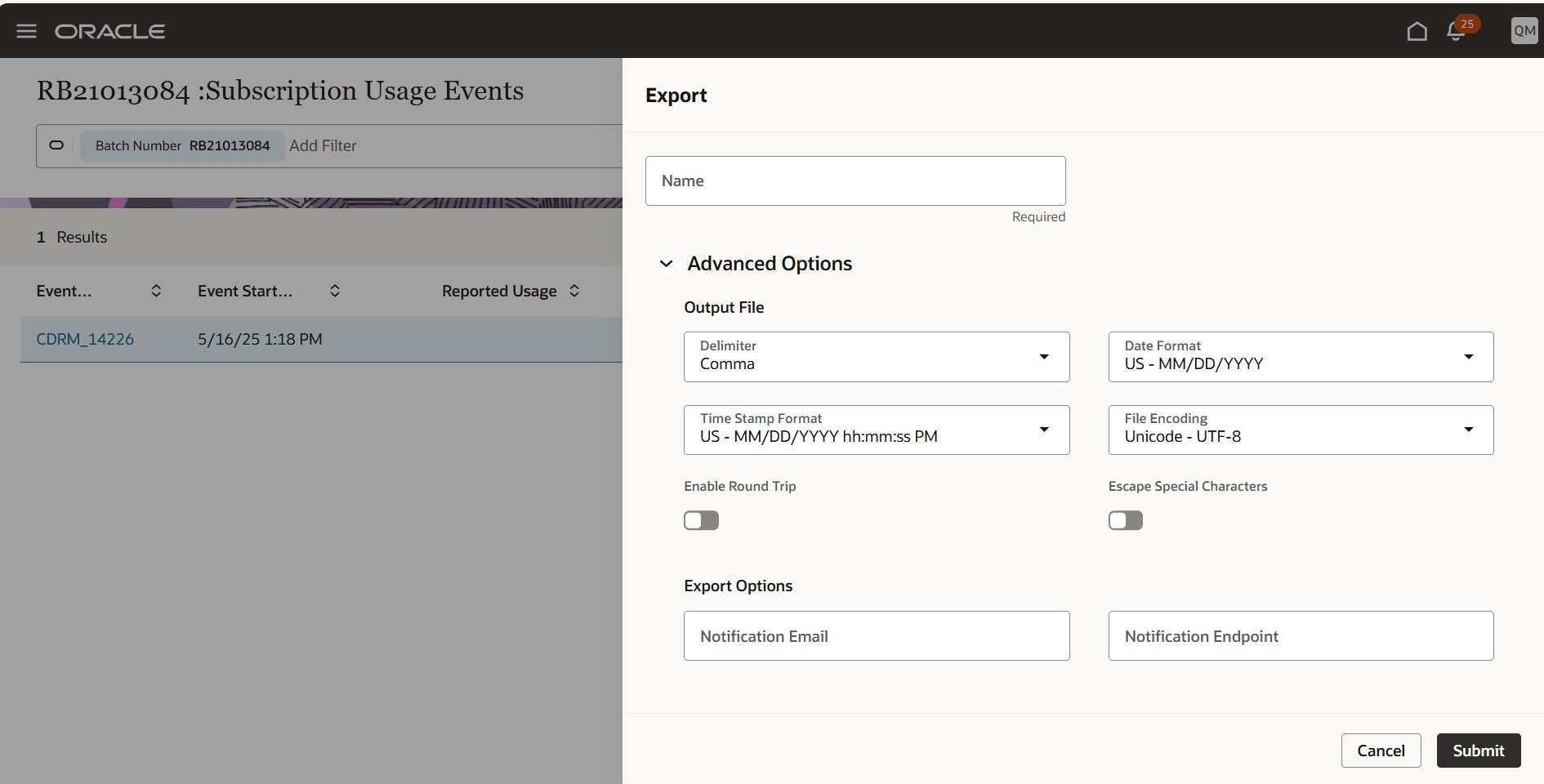 Export Usage Batch Advanced Options
