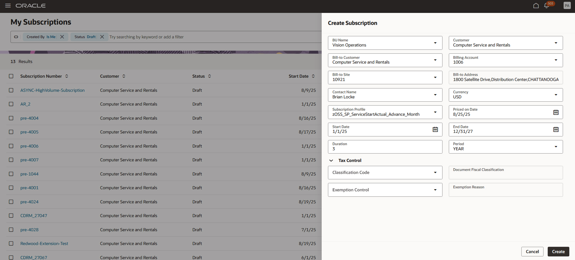 Create Subscription drawer