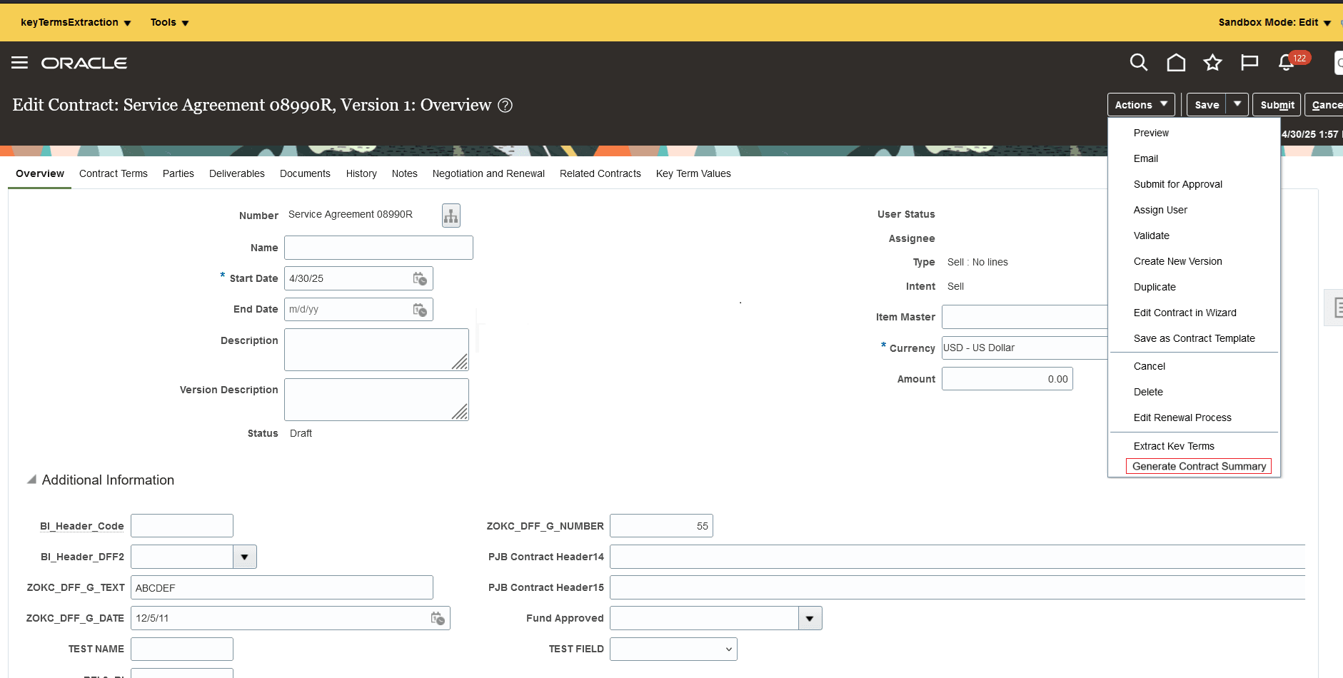 Generate Contract Summary Menu
