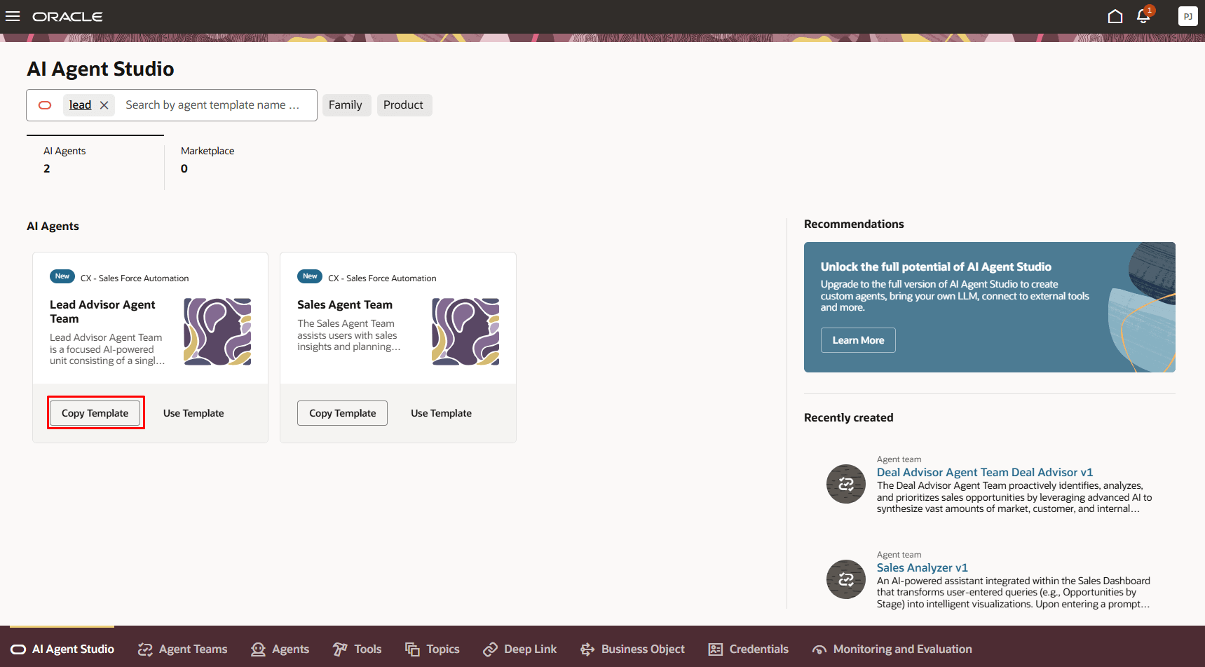 AI Agent Studio showing Lead Advisor Agent