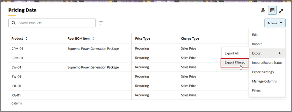 Export filtered data