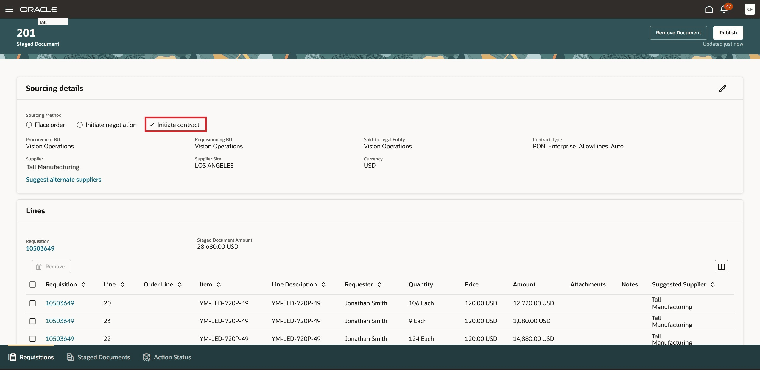 Staged Document With Initiate Contract Sourcing Method