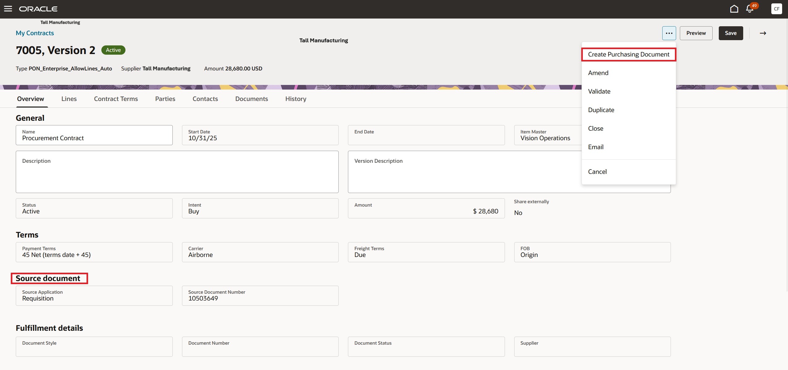 Create Purchasing Document Action on Redwood Contract Page