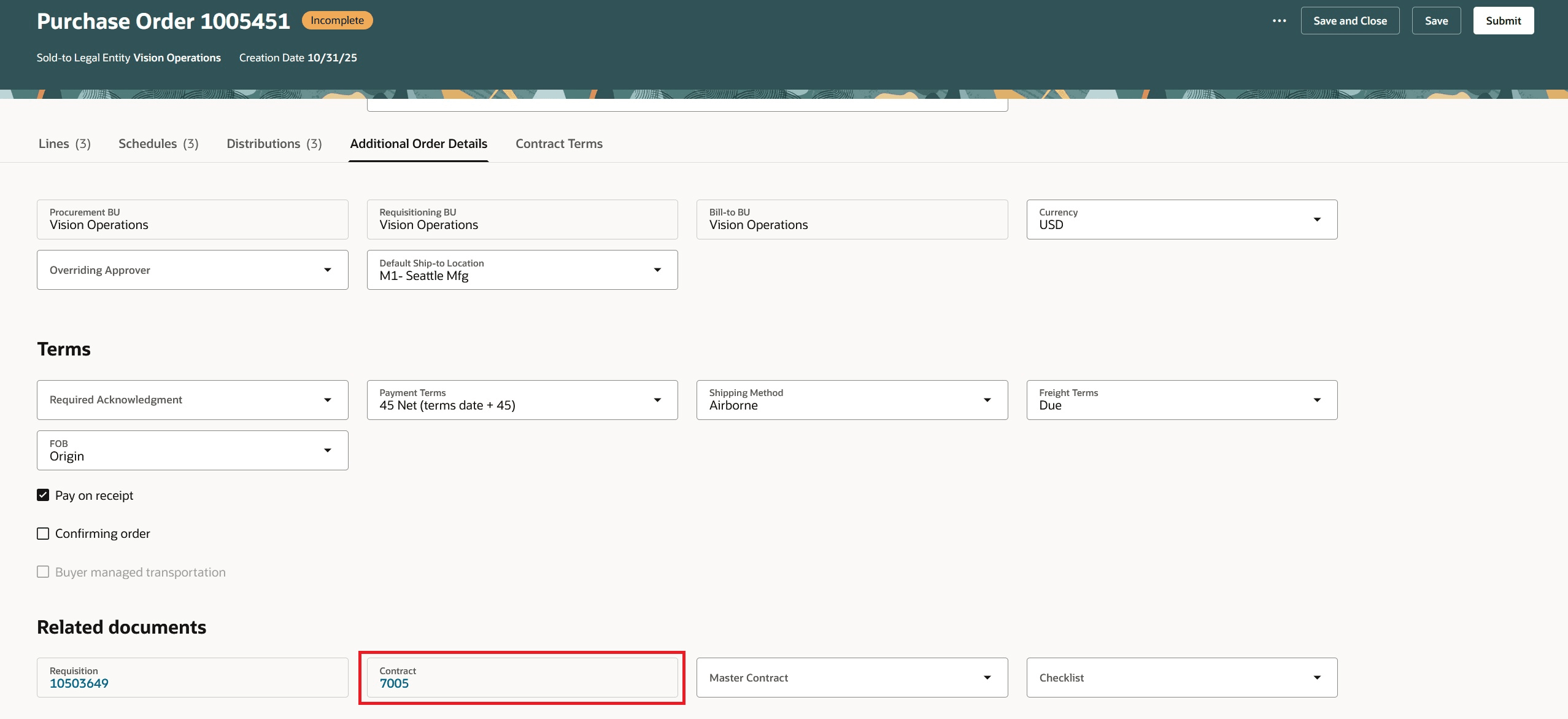 Contract Reference on Purchase Order Page