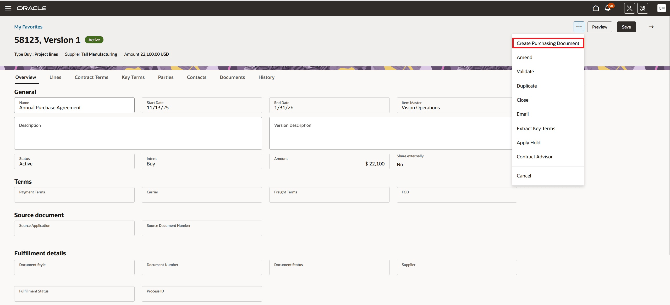 Create Purchasing Document Action