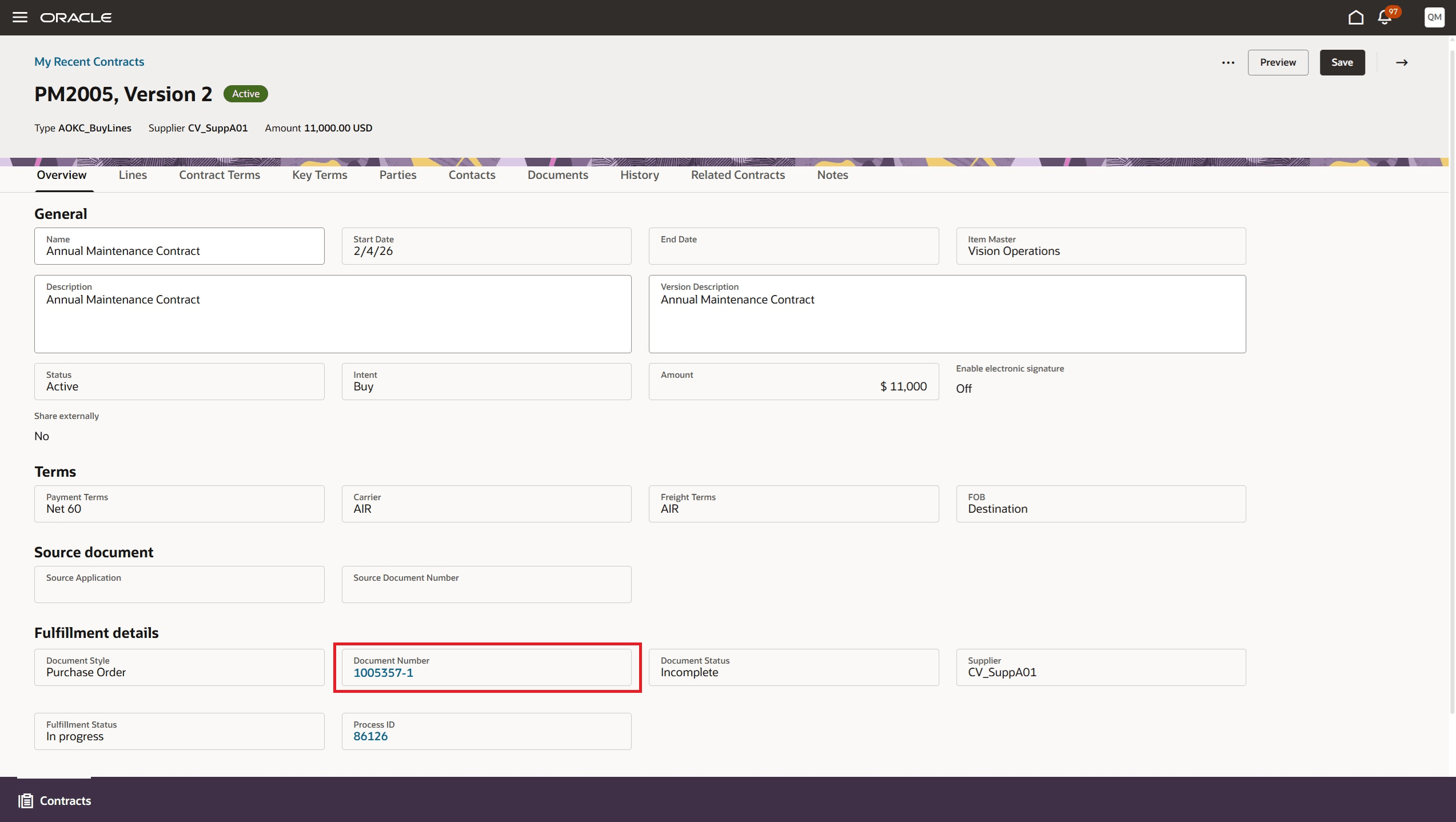 Fulfillment details on Contract Overview Page