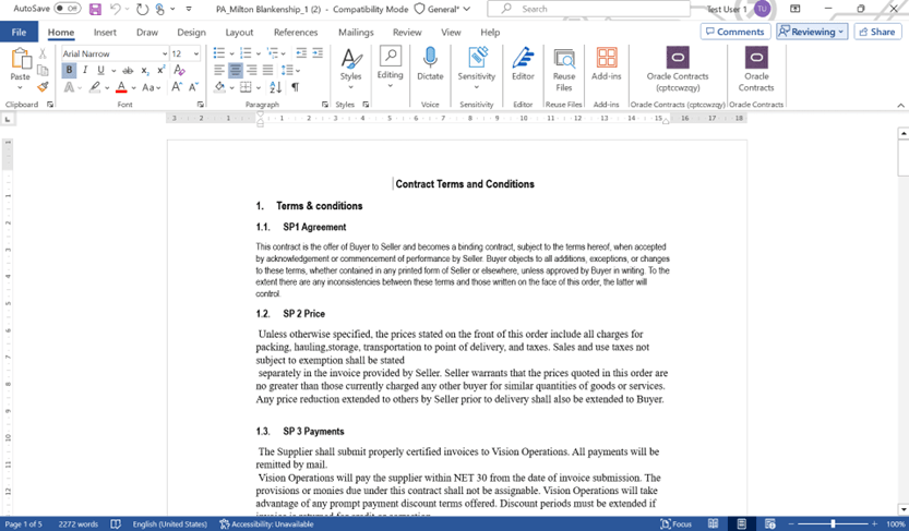 Downloaded Contract Terms with Word Add in
