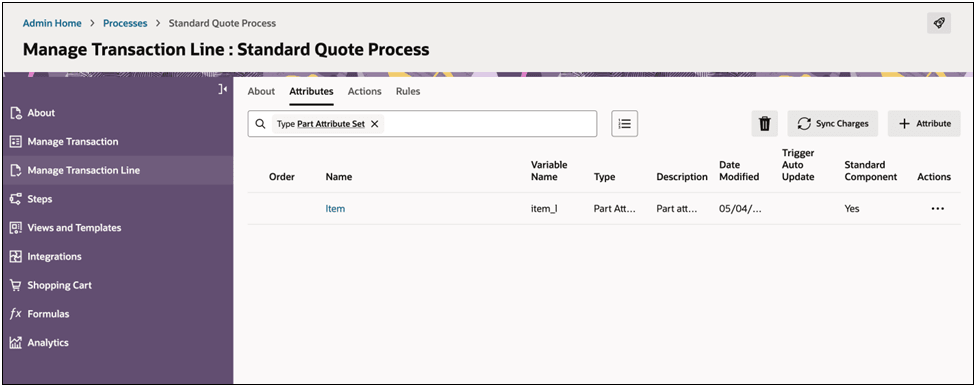 Attributes for Manage Transaction Line Standard Process