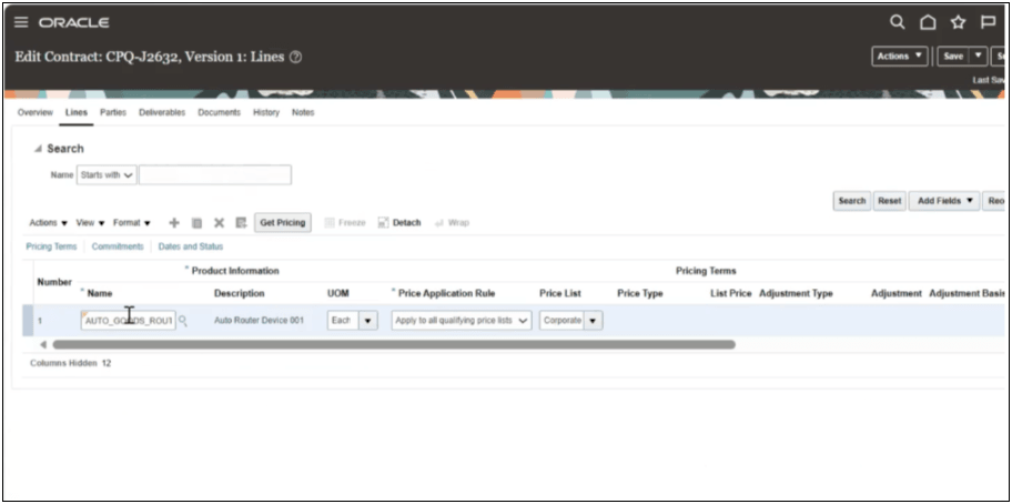 Fusion Sales Contract lines and pricing terms created from the CPQ agreement flow