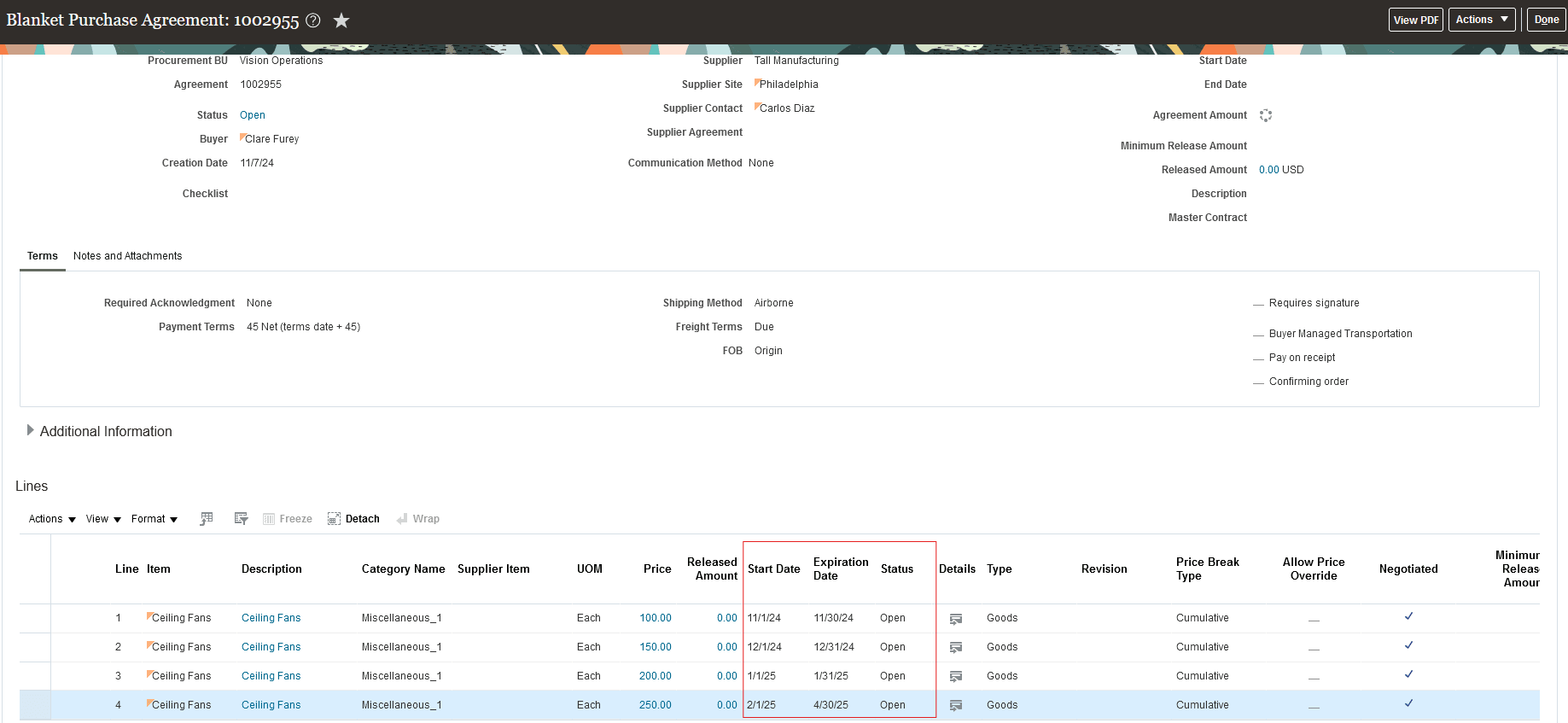 Agreement Line with Different Start Date and Expiration Date to Specify the Period During Which Price Is Valid