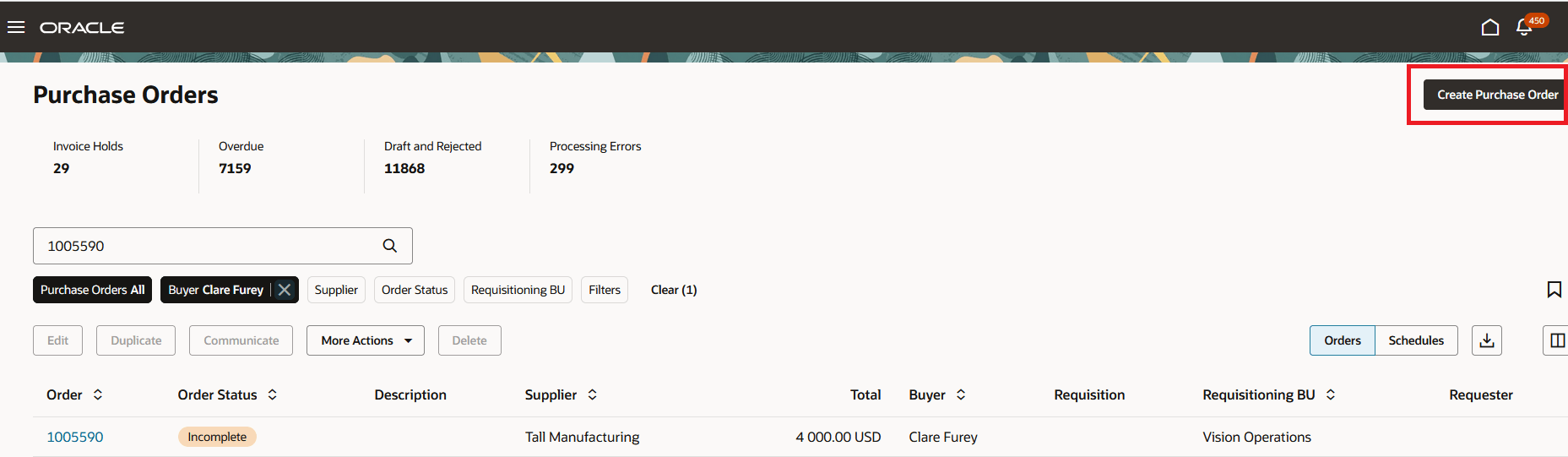 Use the Create Purchase Order Button to Open the New Purchase Order Drawer
