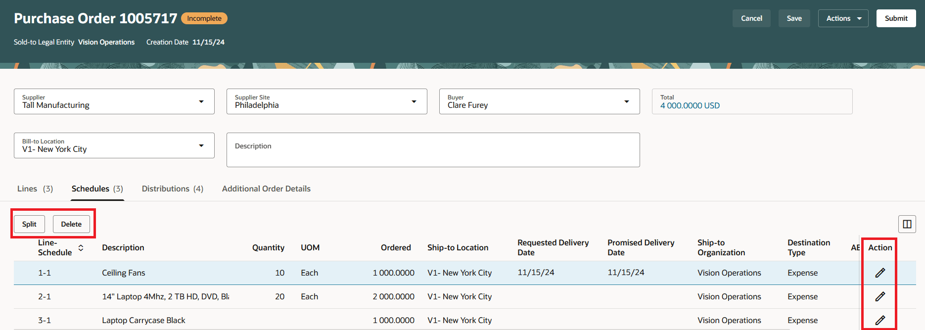 Split, Delete, and Row-Level Edit Options on the PO Schedule