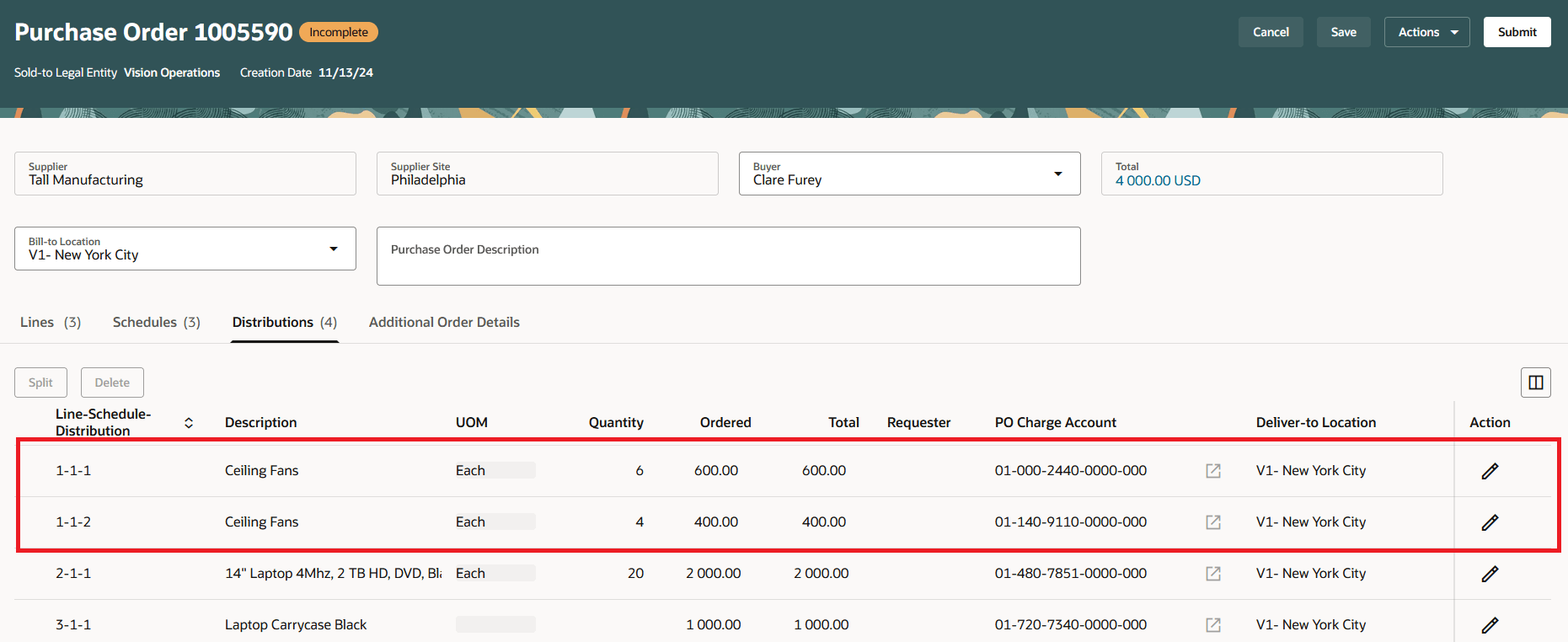 Multiple PO Distributions Created by Splitting an Existing Distribution