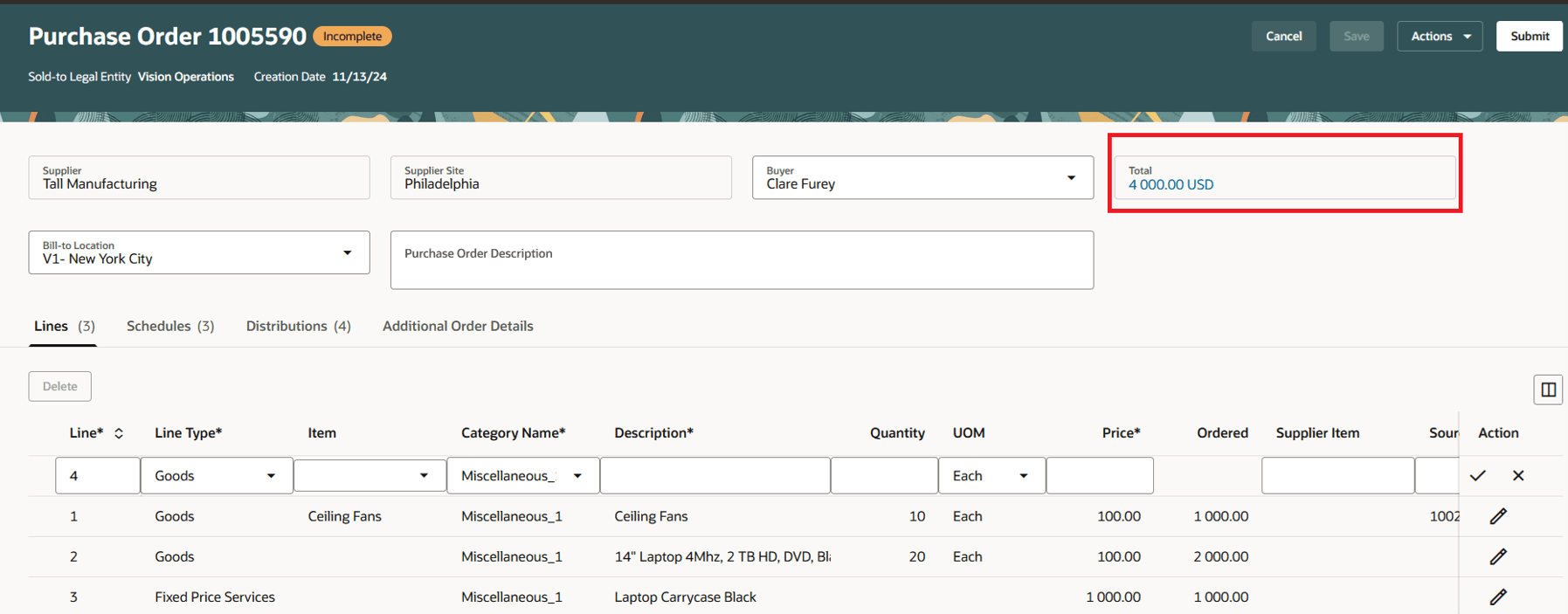 Total Amount on PO Header