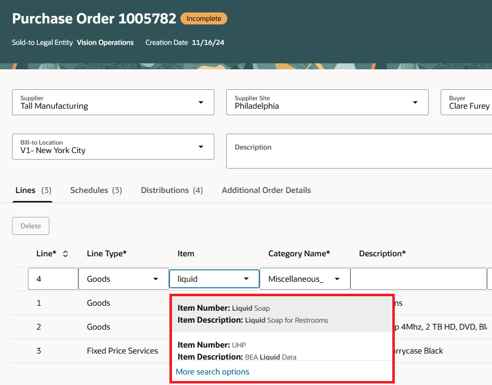 Search for Items on the PO Line Using the New Product Search Experience