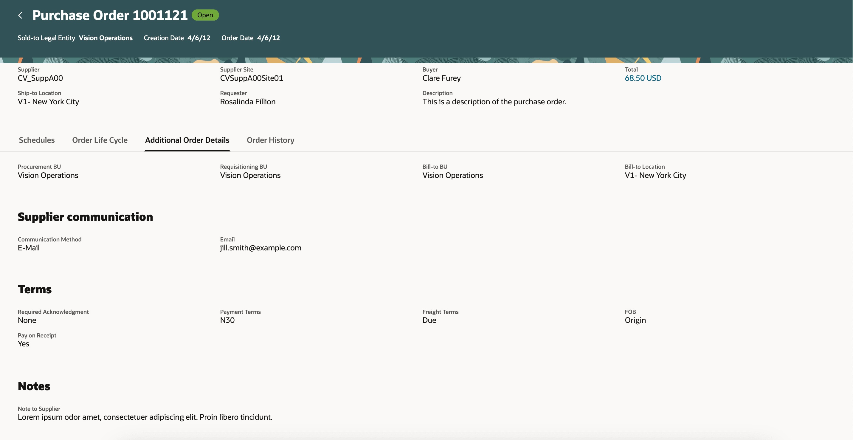 View Purchase Order - Additional Order Details