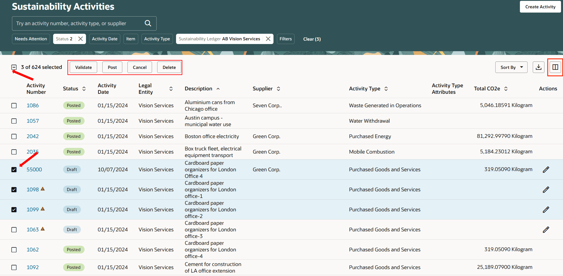 Multiselect Actions on Sustainability Activities Page