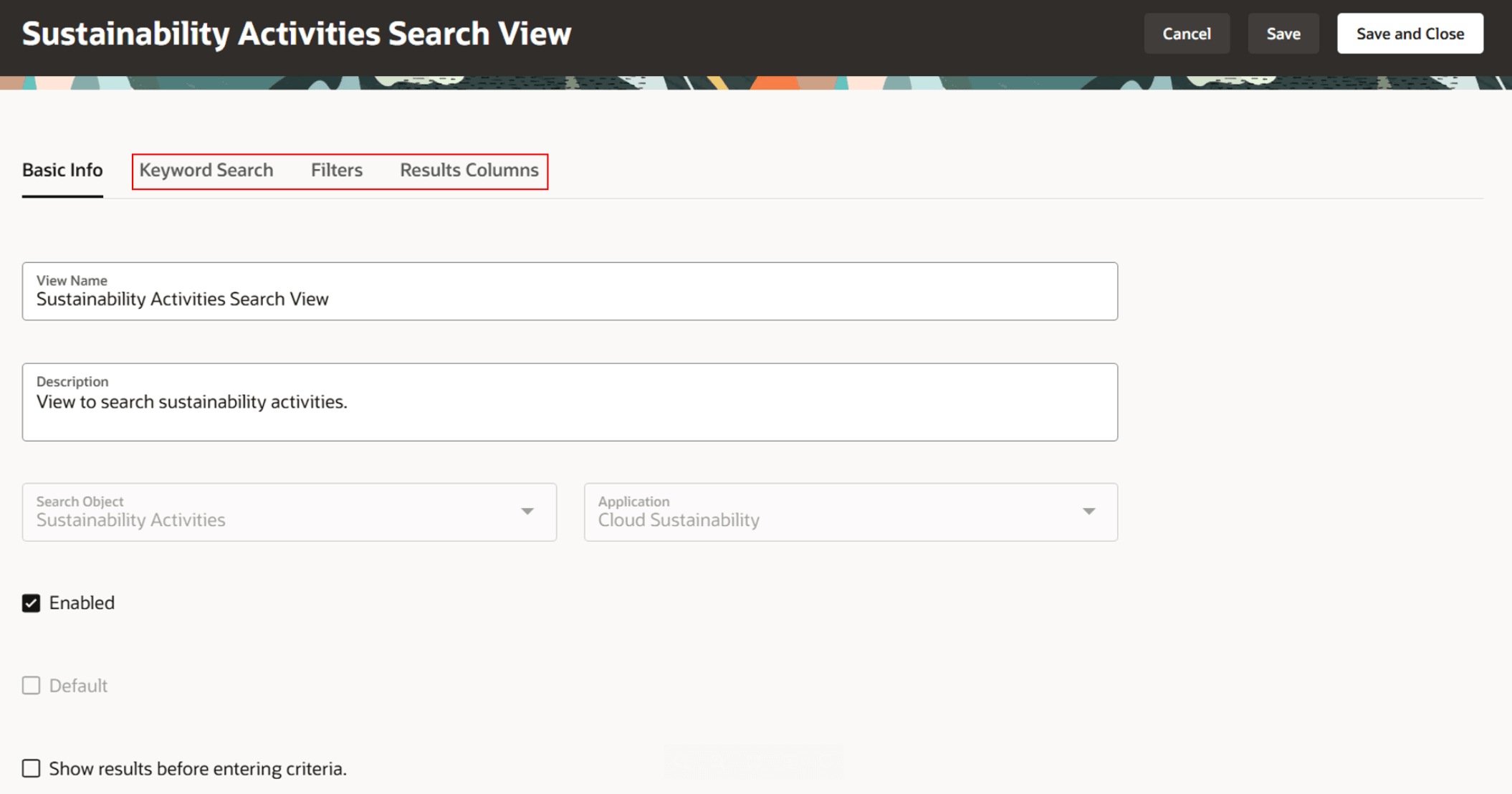 Sustainability Activities Search View