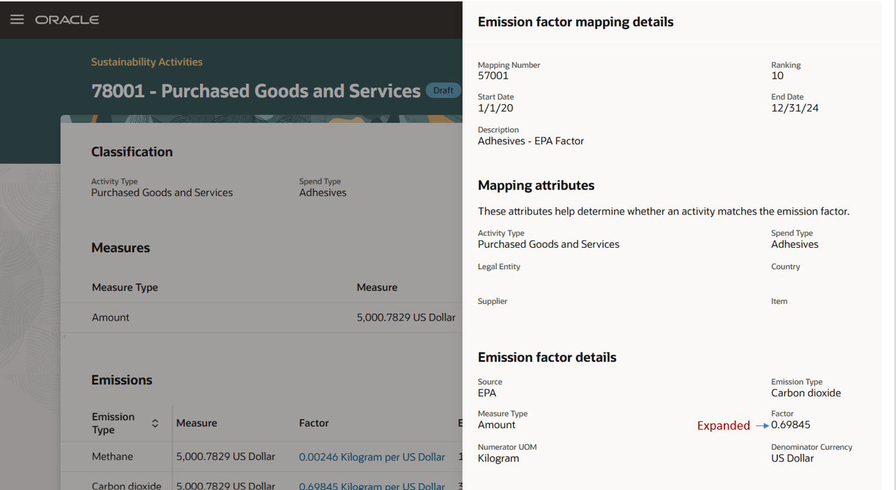 Emission Factor Mapping Details Viewed on Sustainability Activities Details Page