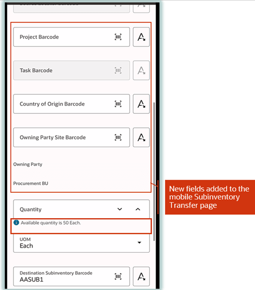 New fields added to the mobile Subinventory Transfer page
