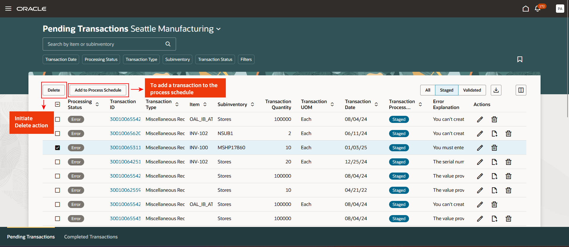 Pending Transactions Landing Page