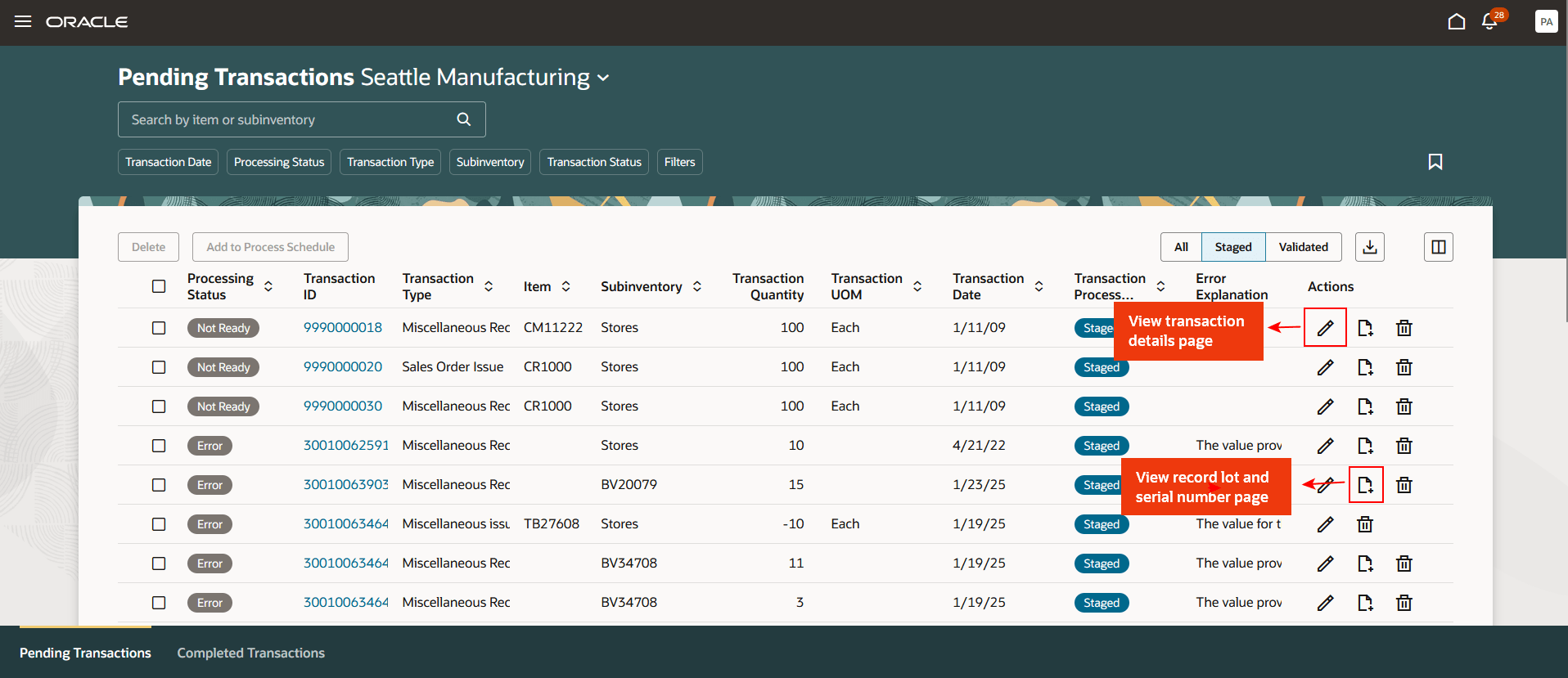 View Transactional Page and Lot and Serial Number Page