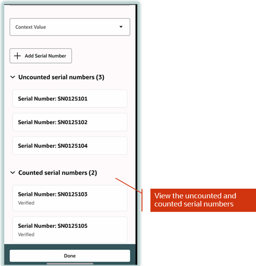 View uncounted and counted serial numbers