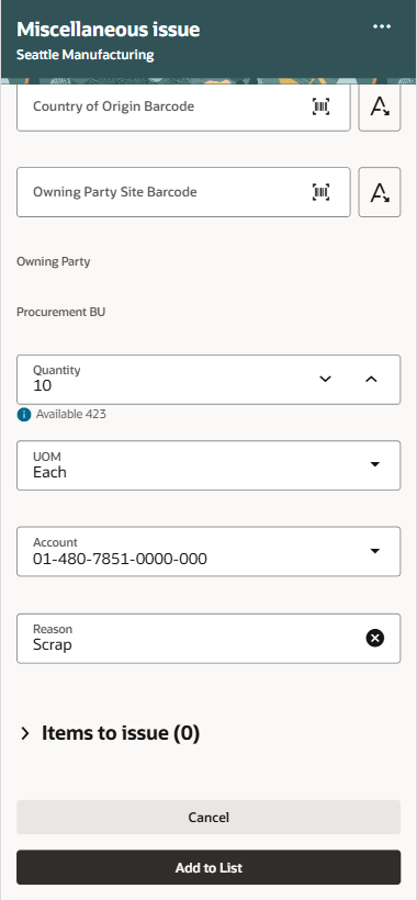 Scan Item - Starting with subinventory