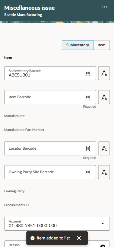 Scan Item - Starting with subinventory